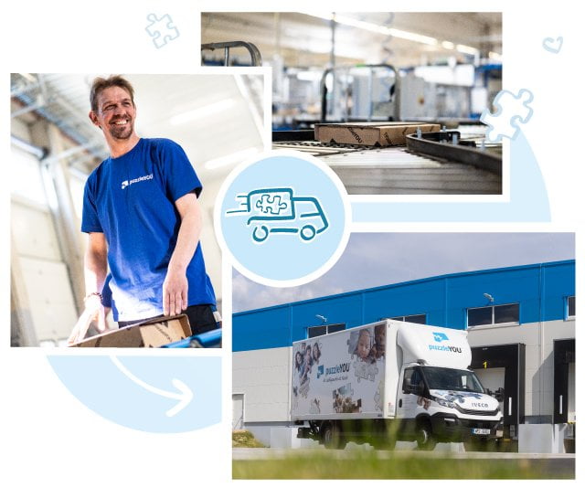 Kompetentní zaměstnanci organizují přepravu puzzle do 19 zemí. V Evropě nebo v Severní Americe: puzzleYOU k vám dorazí během několika dní.