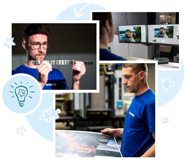 Opravdová řemeslná práce: naši zaměstnanci při tisku a vývoji forem na puzzle.